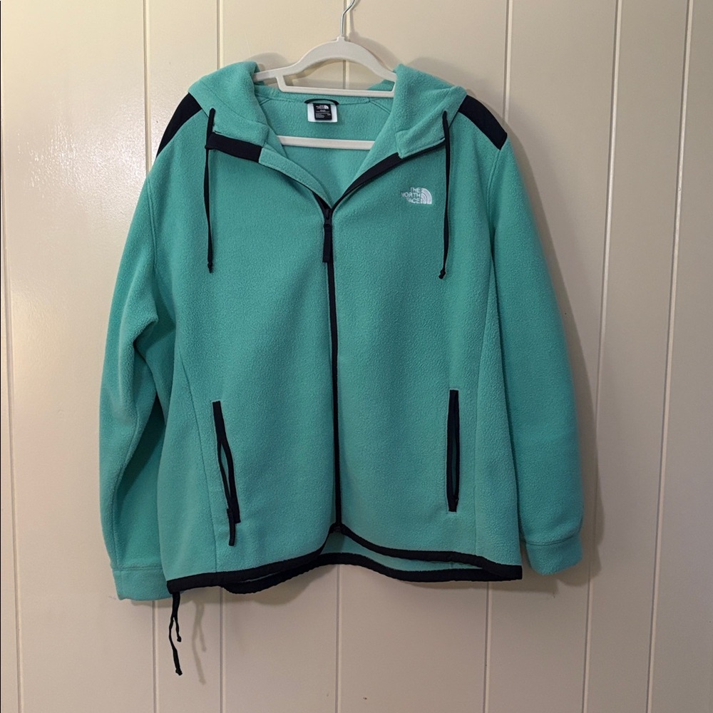 The North Face Mint Green and Black Hooded Fleece Jacket